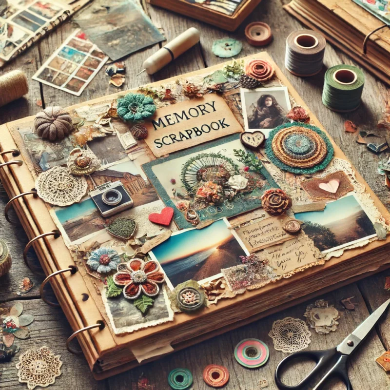 A beautifully crafted memory scrapbook filled with photos,