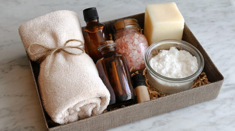 Spa gift set with rolled towel, amber bottles, pink Himalayan salt, white bath salts, soap bar, and essential oil in a fabric box