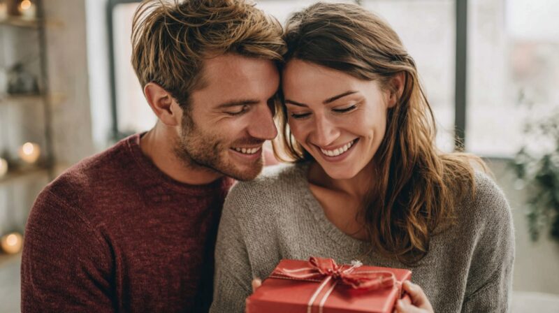 Smiling couple holding a wrapped red gift box together