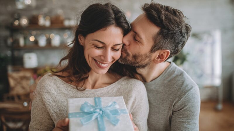 Smiling woman holding a beautifully wrapped gift with a blue ribbon while her husband kisses her cheek lovingly