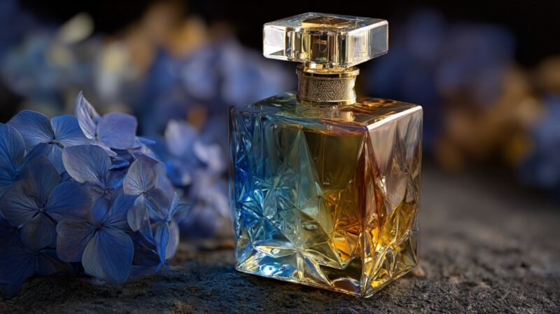 Elegant crystal perfume bottle surrounded by blue hydrangea flowers