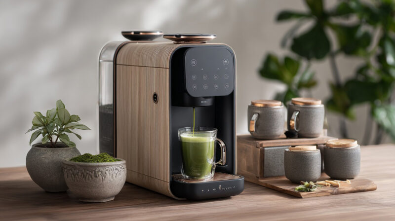 Modern countertop matcha and coffee maker brewing a green tea latte into a glass mug, with ceramic cups and plants nearby