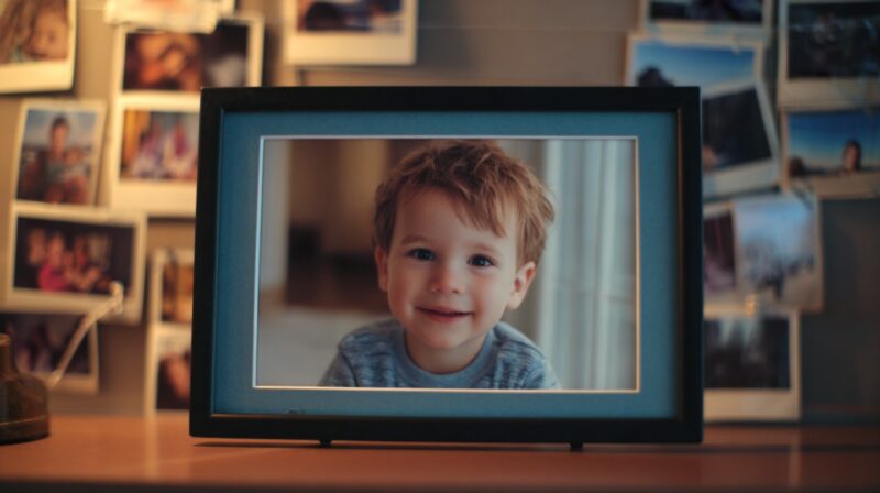 A framed digital photo of a smiling young boy with a background of pinned family photos