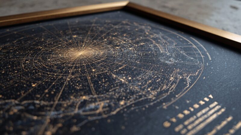 Close-up of a framed custom star map with golden constellations on a dark background