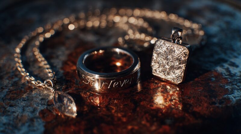 Close-up of silver jewelry, including a ring engraved with "Forever" and pendant necklaces