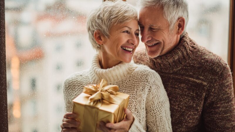 Smiling older couple in cozy sweaters embracing by a window while holding a gold-wrapped anniversary gift