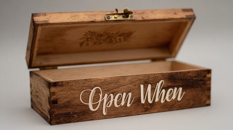 Wooden "Open When" box with engraved lettering, designed to hold personalized letters