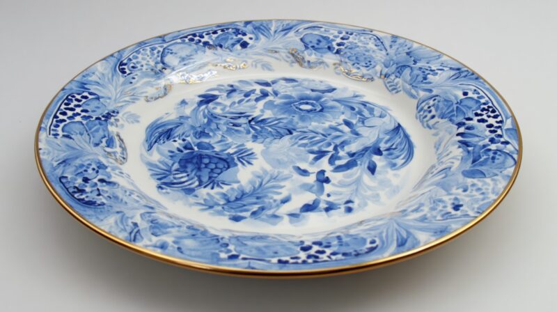 Blue and white porcelain plate with intricate floral designs and a gold-trimmed rim