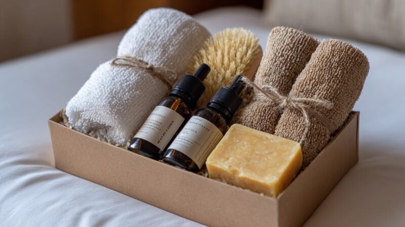 Spa gift box with towels, oils, a brush, and natural soap