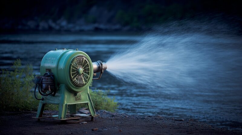 Industrial water blower spraying a strong stream of water by the riverside