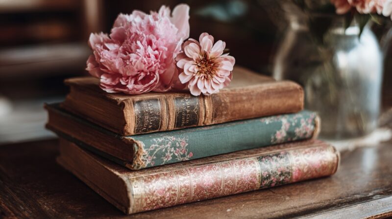 Stack of vintage books with floral covers and pink flowers placed on top, creating a cozy and nostalgic aesthetic
