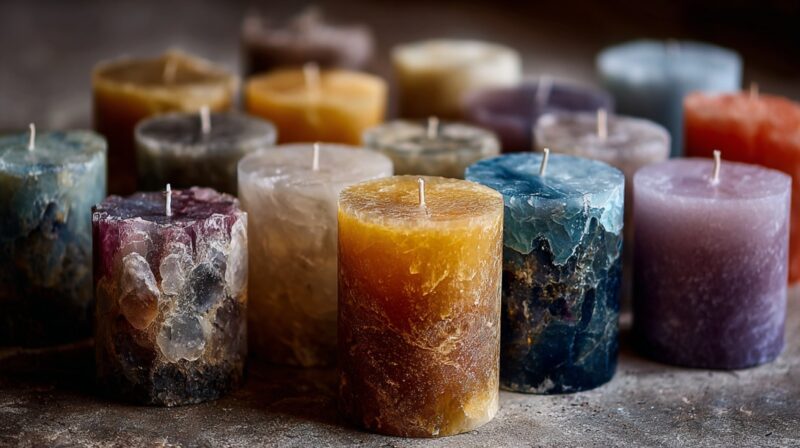 Assorted handmade pillar candles in various colors and textures arranged together on a rustic surface