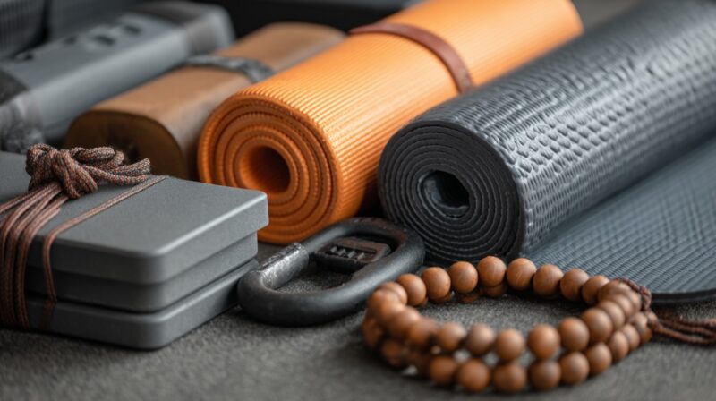 Close-up of rolled yoga mats, foam blocks, and meditation beads neatly arranged for fitness and mindfulness practice