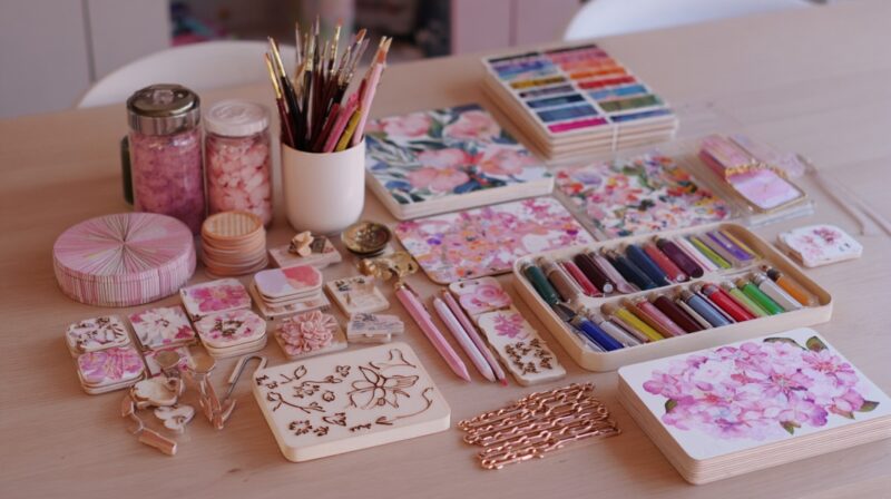 A colorful DIY craft kit on a table, including paints, brushes, pencils, floral papers, and decorative supplies