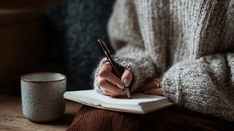 Close-up of a person in a cozy sweater writing in a journal with a cup of coffee nearby