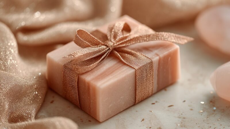A pink bar of soap tied with a shimmering ribbon, placed on soft fabric with a warm glow