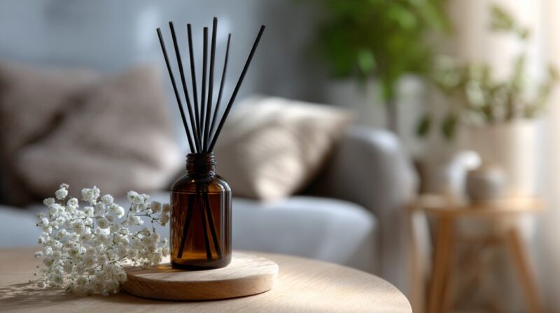 A brown glass diffuser bottle with black reeds placed on a wooden table, next to white flowers in a cozy living room