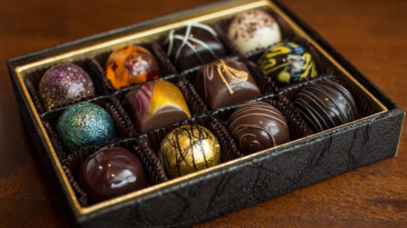 A box of assorted gourmet chocolates with colorful, artistic designs and glossy finishes