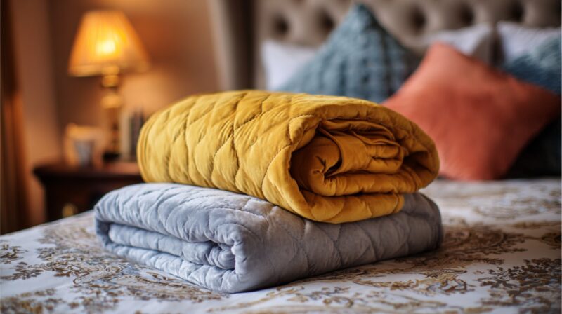 Folded yellow and gray weighted blankets stacked on a bed with cozy pillows in the background