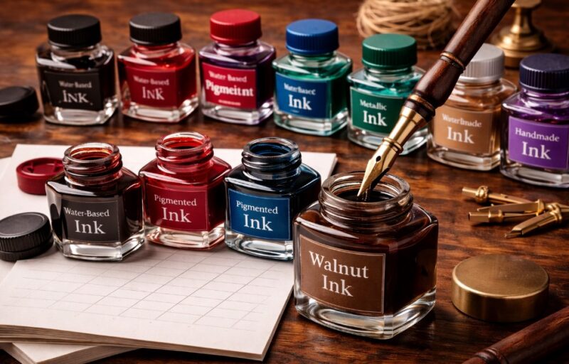 Calligraphy dip pen immersed in a bottle of natural walnut ink, surrounded by colorful ink bottles and metal nibs on a wooden work surface
