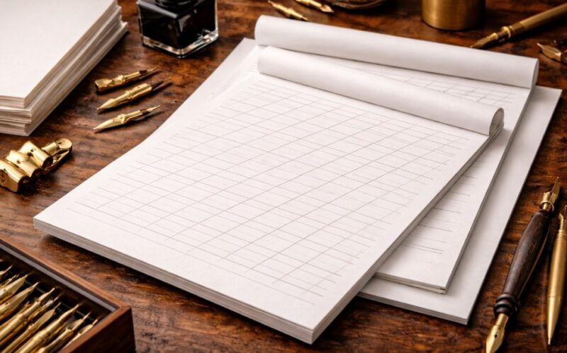 Premium calligraphy practice pads with smooth, heavyweight paper laid on a wooden desk, surrounded by dip pens, metal nibs, and an ink bottle