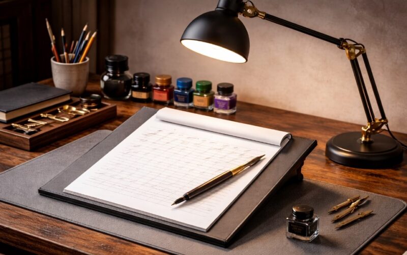 Ergonomic calligraphy desk setup with an adjustable desk lamp providing neutral light, an angled writing surface, non-slip desk mat, and calligraphy tools arranged on a wooden workspace